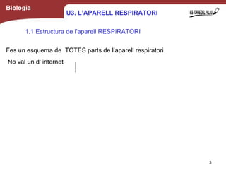 Biologia
Fes un esquema de TOTES parts de l’aparell respiratori.
No val un d' internet
1.1 Estructura de l'aparell RESPIRATORI
3
U3. L’APARELL RESPIRATORI
 