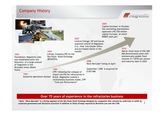 Company History
2009
Capital Increase: In October,
the controlling shareholdres
approved a R$ 350 million
2007
Control Change: GP and Gavea
acquired control of Magnesita
approved a R$ 350 million
capital increase, of which
BNDES took part
1939
Foundation: Magnesita Ltda.
1969
Listing: Company IPO on the
São Paulo Stock Exchange
q g
S.A., held two tender offers
and purchased shares in the
market
2010
March: bond issue of US$ 400
MM denominated notes with
semiannually payble fixed
f 8 %
g
was established after the
discovery of a large amount
of magnesite in the
Brumado mines (Bahia
State)
(BOVESPA)
1990
CPP f ll i h ll f
2008
Novo Mercado* lisitng on April
September: LWB is acquired for
€ 657 MM
interest of 7.875% per annum
and maturity date in 2020
1944
Industrial operations started
CPP: following the collapse of
import tarriffs for refractories in
Brazil, Magnesita created a
revolutionary business model, CPP
– “Cost por Performance”
€ 657 MM
Over 70 years of experience in the refractories business
3
Over 70 years of experience in the refractories business
* Note: “Novo Mercado” is a listing segment of the São Paulo Stock Exchange designed for companies that voluntarily undertake to abide by
corporate governance and disclosure practices in addition to those already required by Brazilian Law and the CVM.
 