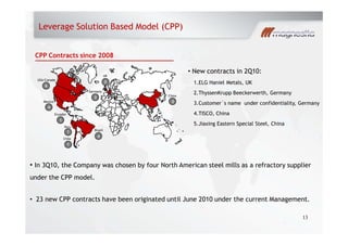 Leverage Solution Based Model (CPP)
13
6
USA/Canada
Ecuador
China
1
2
1
UK
2
Germany
2
Brazil
Chile
Peru
1
4
1
4
Mexico
New contracts in 2Q10:
1.ELG Haniel Metals, UK
2.ThyssenKrupp Beeckerwerth, Germany
3.Customer´s name under confidentiality, Germany
4.TISCO, China
5.Jiaxing Eastern Special Steel, China
In 3Q10, the Company was chosen by four North American steel mills as a refractory supplier
under the CPP model.
23 new CPP contracts have been originated until June 2010 under the current Management.
CPP Contracts since 2008
 