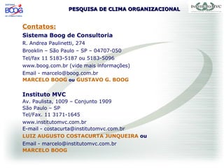 PESQUISA DE CLIMA ORGANIZACIONALPESQUISA DE CLIMA ORGANIZACIONAL
Contatos:
Sistema Boog de Consultoria
R. Andrea Paulinetti, 274
Brooklin – São Paulo – SP – 04707-050
Tel/fax 11 5183-5187 ou 5183-5096
www.boog.com.br (vide mais informações)
Email - marcelo@boog.com.br
MARCELO BOOG ou GUSTAVO G. BOOG
Instituto MVC
Av. Paulista, 1009 – Conjunto 1909
São Paulo – SP
Tel/Fax. 11 3171-1645
www.institutomvc.com.br
E-mail - costacurta@institutomvc.com.br
LUIZ AUGUSTO COSTACURTA JUNQUEIRA ou
Email - marcelo@institutomvc.com.br
MARCELO BOOG
 