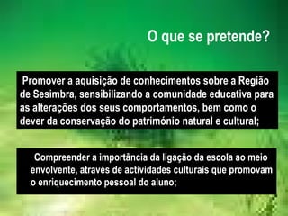 Compreender a importância da ligação da escola ao meio envolvente, através de actividades culturais que promovam o enriquecimento pessoal do aluno; Promover a aquisição de conhecimentos sobre a Região de Sesimbra, sensibilizando a comunidade educativa para as alterações dos seus comportamentos, bem como o dever da conservação do património natural e cultural; O que se pretende? 