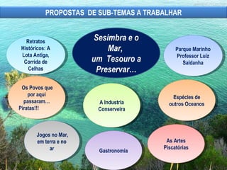 Sesimbra e o Mar,  um  Tesouro a Preservar… Parque Marinho Professor Luíz Saldanha Retratos Históricos: A Lota Antiga, Corrida de Celhas Os Povos que por aqui passaram… Piratas!!! Jogos no Mar, em terra e no ar A Industria Conserveira As Artes Piscatórias Espécies de outros Oceanos  Gastronomia PROPOSTAS  DE SUB-TEMAS A TRABALHAR 