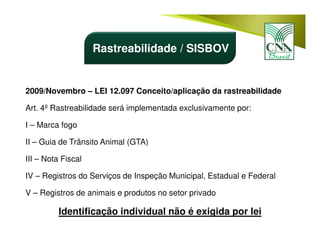 2009/Novembro – LEI 12.097 Conceito/aplicação da rastreabilidade
Art. 4º Rastreabilidade será implementada exclusivamente por:
I – Marca fogo
II – Guia de Trânsito Animal (GTA)
III – Nota Fiscal
IV – Registros do Serviços de Inspeção Municipal, Estadual e Federal
V – Registros de animais e produtos no setor privado
Identificação individual não é exigida por lei
Rastreabilidade / SISBOV
 