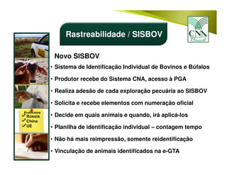 Novo SISBOV
• Sistema de Identificação Individual de Bovinos e Búfalos
• Produtor recebe do Sistema CNA, acesso à PGA
• Realiza adesão de cada exploração pecuária ao SISBOV
• Solicita e recebe elementos com numeração oficial
• Decide em quais animais e quando, irá aplicá-los
• Planilha de identificação individual – contagem tempo
• Não há mais reimpressão, somente reidentificação
• Vinculação de animais identificados na e-GTA
Rastreabilidade / SISBOV
 