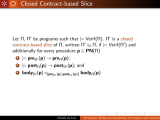 Closed Contract-based Slice




Let Π, Π be programs such that |= Verif(Π). Π is a closed
contract-based slice of Π, written Π c Π, if |= Verif(Π ) and
additionally for every procedure p ∈ PN(Π)
  1   |= preΠ (p) → preΠ (p);
  2   |= postΠ (p) → postΠ (p); and
  3   bodyΠ (p)   (preΠ (p),postΠ (p))    bodyΠ (p)




                        Daniela da Cruz    Veriﬁcation, Slicing and Visualization of Programs with Contracts
 