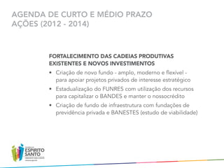 AGENDA DE CURTO E MÉDIO PRAZO
AÇÕES (2012 - 2014)



       FORTALECIMENTO DAS CADEIAS PRODUTIVAS
       EXISTENTES E NOVOS INVESTIMENTOS
       •	 Criação de novo fundo - amplo, moderno e flexível -
          para apoiar projetos privados de interesse estratégico
       •	 Estadualização do FUNRES com utilização dos recursos
          para capitalizar o BANDES e manter o nossocrédito
       •	 Criação de fundo de infraestrutura com fundações de
          previdência privada e BANESTES (estudo de viabilidade)
 