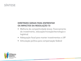 SÍNTESE




          DIRETRIZES GERAIS PARA ENFRENTAR
          OS IMPACTOS DA RESOLUÇÃO 72
          •	 Melhoria de competitividade (eixos: financiamento	
             do investimento, educação/inovação/tecnologia e
             logística)
          •	 Adequação fiscal para manter investimentos e LRF
          •	 Articulação política para compensação federal
 