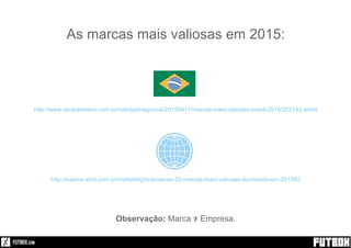 As marcas mais valiosas em 2015:
Observação: Marca = Empresa.
http://exame.abril.com.br/marketing/noticias/as-20-marcas-mais-valiosas-do-mundo-em-2015#2
http://www.istoedinheiro.com.br/noticias/negocios/20150417/marcas-mais-valiosas-brasil-2015/252143.shtml
 