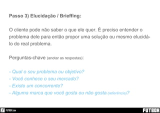 Passo 3) Elucidação / Brieffing:
O cliente pode não saber o que ele quer. É preciso entender o
problema dele para então propor uma solução ou mesmo elucidá-
lo do real problema.
Perguntas-chave (anotar as respostas):
- Qual o seu problema ou objetivo?
- Você conhece o seu mercado?
- Existe um concorrente?
- Alguma marca que você gosta ou não gosta (referência)?
 