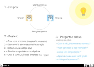 2 - Prática:
1 - Grupos:
1 - Criar uma empresa imaginária (lançamento)
2 - Descrever o seu mercado de atuação
3 - Definir o seu público-alvo
4 - Simular um problema ou objetivo
5 - Criar a MARCA dessa empresa (logo + slogan)
3 - Perguntas-chave
(anotar as respostas):
- Qual o seu problema ou objetivo?
- Você conhece o seu mercado?
- Existe um concorrente?
- Alguma marca que você gosta
ou não gosta (referência)?
2 - Prática:
1 - Grupos:
1 - Criar uma empresa imaginária (lançamento)
2 - Descrever o seu mercado de atuação
3 - Definir o seu público-alvo
4 - Simular um problema ou objetivo
5 - Criar a MARCA dessa empresa (logo + slogan)
3 - Perguntas-chave
(anotar as respostas):
- Qual o seu problema ou objetivo?
- Você conhece o seu mercado?
- Existe um concorrente?
- Alguma marca que você gosta
ou não gosta (referência)?
2 - Prática:
1 - Grupos:
1 - Criar uma empresa imaginária (lançamento)
2 - Descrever o seu mercado de atuação
3 - Definir o seu público-alvo
4 - Simular um problema ou objetivo
5 - Criar a MARCA dessa empresa (logo + slogan)
3 - Perguntas-chave
(anotar as respostas):
- Qual o seu problema ou objetivo?
- Você conhece o seu mercado?
- Existe um concorrente?
- Alguma marca que você gosta
ou não gosta (referência)?
Cliente/empresa
Grupo 1 Grupo 2
Designer/agência
 