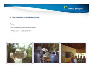 3. Capacitação para introdução à apicultura:



Temas:

- Boa maneira de beneficiamento de Mel

- Práticas para a produção de Mel
 