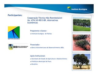 Participantes:
                 Cooperação Técnica Não Reembolsável
                 No. ATN/JO-9813-BR. Alternativas
                 Econômicas



                   Proponente e Gestor:
                     Instituto Ecológica de Palmas




                   Financiador:
                     Banco Interamericano de Desenvolvimento (BID).




                   Apoio Institucional:
                     Secretaria de Estado da Agricultura e Abastecimento;
                     Prefeitura Municipal de Pium;
                     Ruraltins
 
