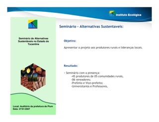 Seminário – Alternativas Sustentaveis:


    Seminário de Alternativas
    Sustentáveis no Estado do              Objetivo:
            Tocantins
                                           Apresentar o projeto aos produtores rurais e lideranças locais.




                                           Resultado:

                                           - Seminário com a presença:
                                                -45 produtores de 05 comunidades rurais,
                                                -06 vereadores;
                                                -Prefeito e Vice-prefeito;
                                                -Universitarios e Professores.




Local: Auditório da prefeitura de Pium
Data: 27/01/2007
 