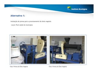 Alternativa 1:

 Instalação de prensa para o processamento de óleos vegetais

  Local: Pium (sede do município)




Foto: Prensa de Óleo Vegetal                            Foto: Prensa de Óleo Vegetal
 