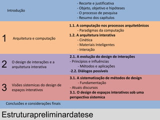 - Recorte e justificativa
                                           - Objeto, objetivo e hipóteses
    Introdução
                                           - O processo de pesquisa
                                           - Resumo dos capítulos
                                       1.1. A computação nos processos arquitetônicos
                                            - Paradigmas da computação
                                       1.2. A arquitetura interativa
1      Arquitetura e computação             - Cinética
                                            - Materiais Inteligentes
                                            - Interação
                                       2.1. A evolução do design de interações
      O design de interações e a       - Princípios e influências
2     arquitetura interativa                 - Métodos e aplicações
                                       -2.2. Diálogos possíveis
                                       3.1. A sistematização de métodos de design
                                            - Fundamentação
      Visões sistemicas do design de
3     espaços interativos
                                       - Atuais discursos
                                       3.1. O design de espaços interativos sob uma
                                       perspectiva sistemica
 Conclusões e considerações finais


Estruturapreliminardatese
 