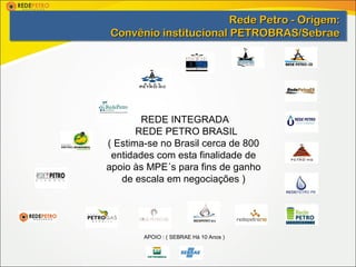 Rede Petro -- Origem:
                       Rede Petro Origem:
Convênio institucional PETROBRAS/Sebrae
Convênio institucional PETROBRAS/Sebrae




        REDE INTEGRADA
       REDE PETRO BRASIL
( Estima-se no Brasil cerca de 800
 entidades com esta finalidade de
apoio às MPE´s para fins de ganho
   de escala em negociações )




        APOIO : ( SEBRAE Há 10 Anos )
 