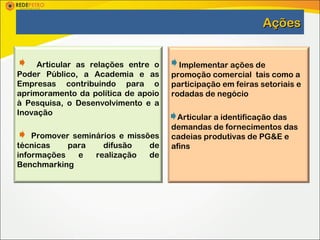 Ações


     Articular as relações entre o     Implementar ações de
Poder Público, a Academia e as       promoção comercial tais como a
Empresas contribuindo para o         participação em feiras setoriais e
aprimoramento da política de apoio   rodadas de negócio
à Pesquisa, o Desenvolvimento e a
Inovação
                                       Articular a identificação das
                                     demandas de fornecimentos das
    Promover seminários e missões    cadeias produtivas de PG&E e
técnicas    para    difusão    de    afins
informações   e   realização   de
Benchmarking
 