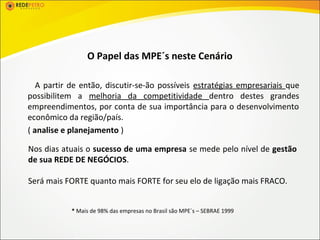 O Papel das MPE´s neste Cenário

   A partir de então, discutir-se-ão possíveis estratégias empresariais que
possibilitem a melhoria da competitividade dentro destes grandes
empreendimentos, por conta de sua importância para o desenvolvimento
econômico da região/país.
( analise e planejamento )

Nos dias atuais o sucesso de uma empresa se mede pelo nível de gestão
de sua REDE DE NEGÓCIOS.

Será mais FORTE quanto mais FORTE for seu elo de ligação mais FRACO.


            * Mais de 98% das empresas no Brasil são MPE´s – SEBRAE 1999
 