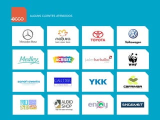 UM POUCO SOBRE NÓS
         ALGUNS CLIENTES ATENDIDOS




                                     A Ecco! é o resultado da união de
                                     profissionais com experiências ricas e
                                     diversificadas, com paixão assumida pelo
                                     que fazem. Sempre acreditamos poder
                                     fazer as coisas de um modo melhor e
                                     diferente de tudo no mercado.

                                     Com ampla área de atuação, facilitamos
                                     a comunicação com o seu público e nos
                                     dedicamos a entender todas as variáveis
                                     do seu negócio. Pra gente, o seu sucesso
                                     é o melhor resultado de nosso trabalho.
 
