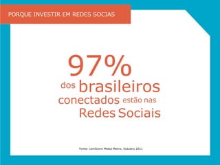 PORQUE INVESTIR EM REDES SOCIAS




                    Fonte: comScore Media Metrix, Outubro 2011
 