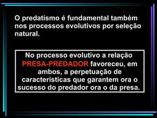 No processo evolutivo a relação  PRESA-PREDADOR  favoreceu, em ambos, a perpetuação de características que garantem ora o sucesso do predador ora o da presa.  O predatismo é fundamental também nos processos evolutivos por seleção natural. 