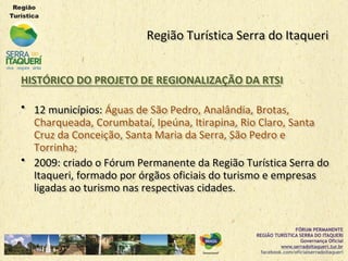 Região Turística Serra do ItaqueriRegião Turística Serra do Itaqueri
•• 12 municípios: Águas de São Pedro, Analândia, Brotas,12 municípios: Águas de São Pedro, Analândia, Brotas,
Charqueada, Corumbataí, Ipeúna, Itirapina, Rio Claro, SantaCharqueada, Corumbataí, Ipeúna, Itirapina, Rio Claro, Santa
Cruz da Conceição, Santa Maria da Serra, São Pedro eCruz da Conceição, Santa Maria da Serra, São Pedro e
Torrinha;Torrinha;
•• 2009: criado o Fórum Permanente da Região Turística Serra do2009: criado o Fórum Permanente da Região Turística Serra do
Itaqueri, formado por órgãos oficiais do turismo e empresasItaqueri, formado por órgãos oficiais do turismo e empresas
ligadas ao turismo nas respectivas cidades.ligadas ao turismo nas respectivas cidades.
HISTÓRICO DO PROJETO DE REGIONALIZAÇÃO DA RTSIHISTÓRICO DO PROJETO DE REGIONALIZAÇÃO DA RTSI
 