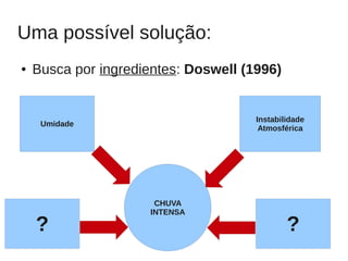 Uma possível solução:
●   Busca por ingredientes: Doswell (1996)


                                      Instabilidade
     Umidade
                                       Atmosférica




                       CHUVA
                      INTENSA

    ?                                         ?
                                                      12
 