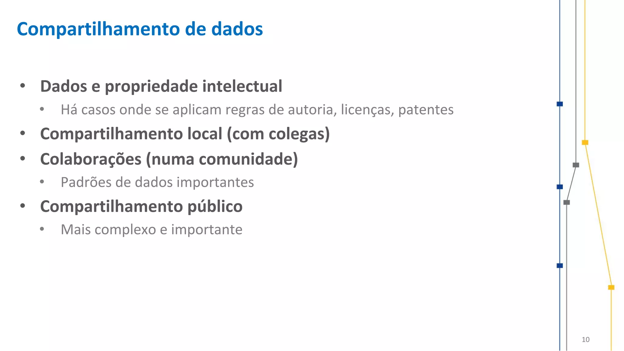 10
Compartilhamento de dados
• Dados e propriedade intelectual
• Há casos onde se aplicam regras de autoria, licenças, patentes
• Compartilhamento local (com colegas)
• Colaborações (numa comunidade)
• Padrões de dados importantes
• Compartilhamento público
• Mais complexo e importante
 