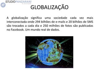 GLOBALIZAÇÃO
A globalização significa uma sociedade cada vez mais
interconectada onde 294 bilhões de e-mails e 20 bilhões de SMS
são trocados a cada dia e 250 milhões de fotos são publicadas
no Facebook. Um mundo real de dados.
 