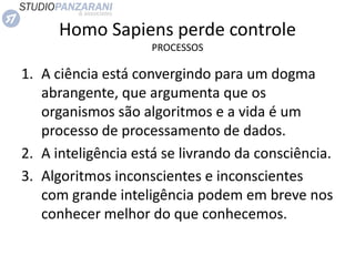 Homo Sapiens perde controle
PROCESSOS
1. A ciência está convergindo para um dogma
abrangente, que argumenta que os
organismos são algoritmos e a vida é um
processo de processamento de dados.
2. A inteligência está se livrando da consciência.
3. Algoritmos inconscientes e inconscientes
com grande inteligência podem em breve nos
conhecer melhor do que conhecemos.
 