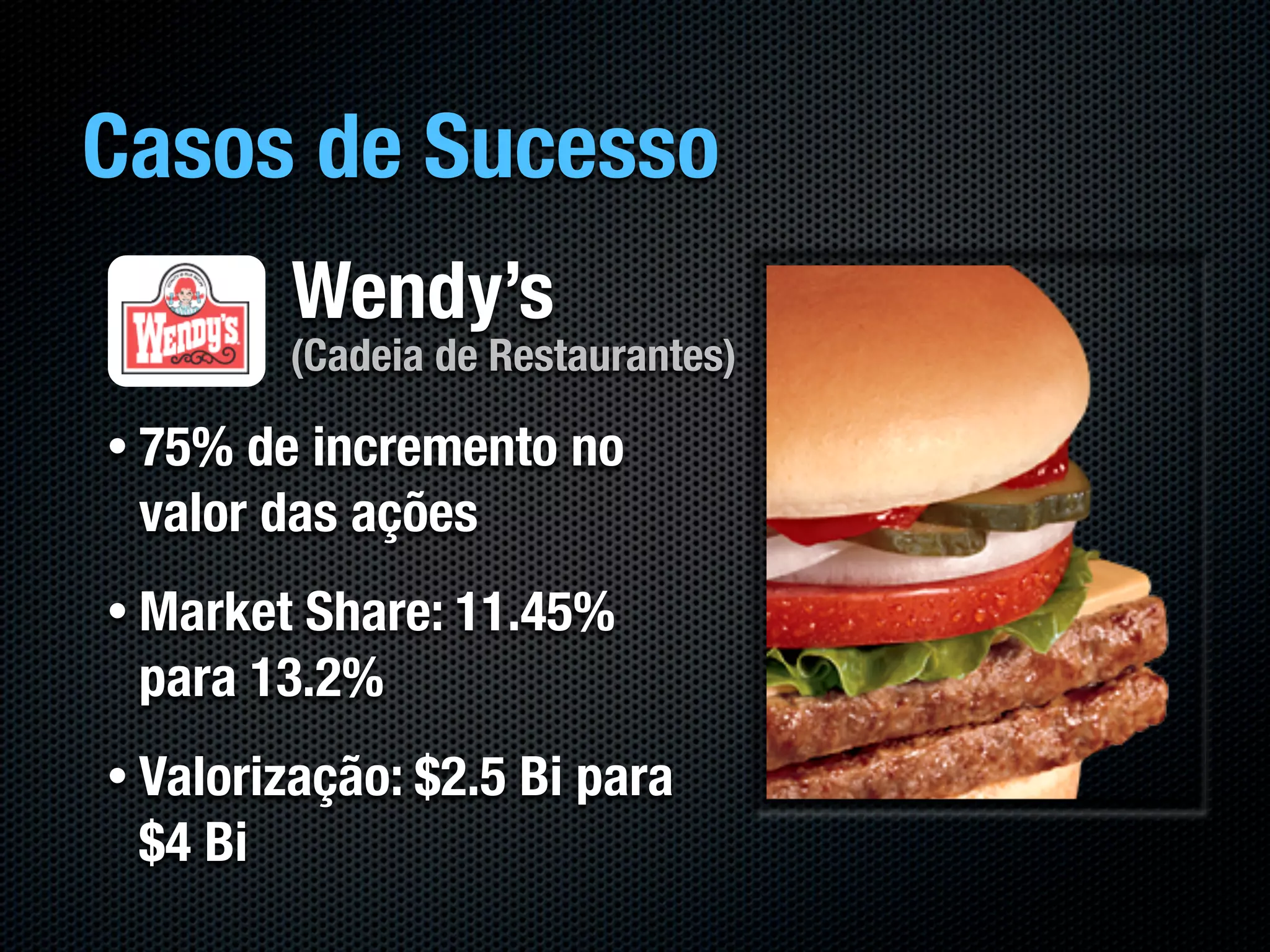 Casos de Sucesso
         Wendy’s
         (Cadeia de Restaurantes)

• 75% de incremento no
 valor das ações
• MarketShare: 11.45%
 para 13.2%
• Valorização: $2.5   Bi para
 $4 Bi
 