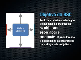 Objetivo do BSC
Traduzir a missão e estratégias
de negócios da organização
em objetivos
especíﬁcos e
mensuráveis, monitorando
o desempenho da organização
para atingir estes objetivos.
 