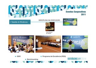 Eventos Corporativos
2011
Gestão & Eficiência
DISCIPLINA NA EXECUÇÃO
Paulo Storani
(Ex-BOPE)
 GDO
 Benchmarking
 Programa de Excelência (PEG)
 