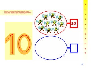 70
70
70
70
A
A
A
A
C
C
C
C
T
T
T
T
I
I
I
I
V
V
V
V
I
I
I
I
D
D
D
D
A
A
A
A
D
D
D
D
E
E
E
E
S
S
S
S
Observar el conjunto que indica el número de objetos
dentro de él. Dibujar la misma cantidad de objetos según
corresponda, en el conjunto que está más abajo.
 