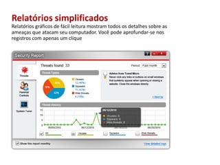 Relatórios simplificadosRelatóriosgráficos de fácilleituramostramtodososdetalhessobre as ameaçasqueatacamseucomputador. Vocêpodeaprofundar-se nosregistros com apenas um clique