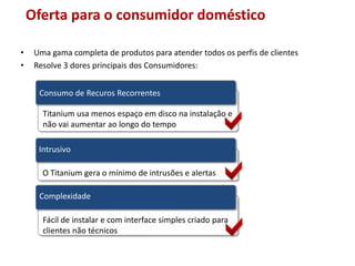 OfertaparaoconsumidordomésticoUma gama completa de produtos para atender todos os perfis de clientesResolve 3 dores principais dos Consumidores:Consumo de Recuros RecorrentesTitanium usa menos espaço em disco na instalação e não vai aumentar ao longo do tempoIntrusivoO Titanium gera o mínimo de intrusões e alertasComplexidadeFácil de instalar e com interface simples criado para clientes não técnicos8Classification 3/23/2011