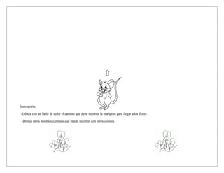 Instrucción:
-Dibuja con un lápiz de color el camino que debe recorrer la mariposa para llegar a las flores .
-Dibuja otros posibles caminos que pueda recorrer con otros colores.
 