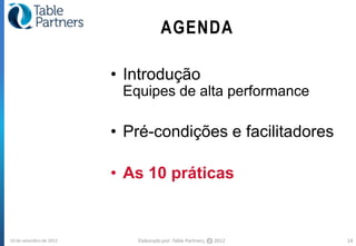 AGENDA

                         • Introdução
                          Equipes de alta performance

                         • Pré-condições e facilitadores

                         • As 10 práticas


10 de setembro de 2012      Elaborado por: Table Partners,   CC   2012   14
 