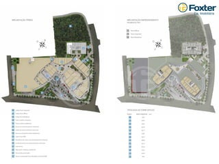 NO
L
S
A
B
C
1
2
3
4
5
14
8 13
1510
9
11
6
7
12
6
7
NO
L
S
IMPLANTAÇÃO TÉRREO IMPLANTAÇÃO EMPREENDIMENTO
PAVIMENTOS TIPO
A Torre Ofﬁces
B Torre Corporate
C Torre Residence
TIPOLOGIA DA TORRE OFFICES
FINAIS ÁREA PRIVATIVA (m2
)
48,2
44,13
53,61
65,54
45,77
47,87
49,57
48,04
45,77
65,54
53,61
44,13
48,2
1
2
3
4
5
6
7
8
9
10
11
12
13
1 Lobby Torre Corporate
2 Lobby Torre Ofﬁces
3 Lobby Torre Residence
4 Porte cochère complexo
5 Porte cochère residencial
6 Acesso ao estacionamento comercial
7 Saídas do estacionamento comercial
8 Acesso ao estacionamento residencial
9 Lojas Smart Mall
10 Elevadores de acesso ao estacionamento comercial
11 Escada de acesso ao estacionamento comercial
12 Loja âncora
13 Vagas para visitantes residencial
14 Área verde preservada
15 Acesso monitorado Torre Residence ao Smart Mall
3
2
1
13
12
11
10
9
8
7
6
5
4
 