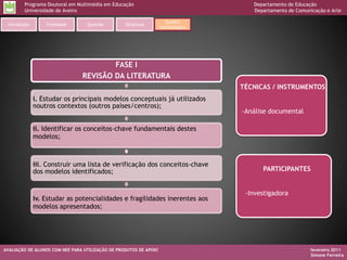 Programa Doutoral em Multimédia em Educação                                 Departamento de Educação
         Universidade de Aveiro                                                      Departamento de Comunicação e Arte

                                                                     Quadro
  Introdução       Finalidade     Questão         Objetivos
                                                                   metodológico




                                        FASE I
                                REVISÃO DA LITERATURA
                                                                                  TÉCNICAS / INSTRUMENTOS
               i. Estudar os principais modelos conceptuais já utilizados
               noutros contextos (outros países/centros);
                                                                                  -Análise documental

               ii. Identificar os conceitos-chave fundamentais destes
               modelos;



               iii. Construir uma lista de verificação dos conceitos-chave
               dos modelos identificados;                                               PARTICIPANTES


                                                                                   -Investigadora
               iv. Estudar as potencialidades e fragilidades inerentes aos
               modelos apresentados;




AVALIAÇÃO DE ALUNOS COM NEE PARA UTILIZAÇÃO DE PRODUTOS DE APOIO                                           fevereiro 2011
                                                                                                           Simone Ferreira
 
