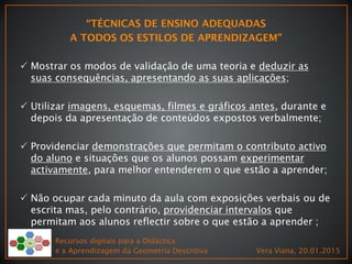  Mostrar os modos de validação de uma teoria e deduzir as
suas consequências, apresentando as suas aplicações;
 Utilizar imagens, esquemas, filmes e gráficos antes, durante e
depois da apresentação de conteúdos expostos verbalmente;
 Providenciar demonstrações que permitam o contributo activo
do aluno e situações que os alunos possam experimentar
activamente, para melhor entenderem o que estão a aprender;
 Não ocupar cada minuto da aula com exposições verbais ou de
escrita mas, pelo contrário, providenciar intervalos que
permitam aos alunos reflectir sobre o que estão a aprender ;
Recursos digitais para a Didáctica
e a Aprendizagem da Geometria Descritiva Vera Viana, 20.01.2015
 