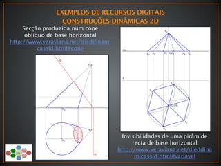 Secção produzida num cone
oblíquo de base horizontal
http://www.veraviana.net/dieddinami
cassld.html#cone
Invisibilidades de uma pirâmide
recta de base horizontal
http://www.veraviana.net/dieddina
micassld.html#variavel
 
