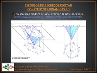 Recursos digitais para a Didáctica
e a Aprendizagem da Geometria Descritiva Vera Viana, 20.01.2015
Representação diédrica de uma pirâmide de base horizontal
http://www.veraviana.net/dieddinamicassld.html#pirmhz
 