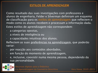 Como resultado das suas investigações com professores e
alunos de engenharia, Felder e Silverman definiram um esquema
de classificação para os estilos de aprendizagem que reflectem o
modo como os alunos recebem e processam a informação dada.
Estes estilos de aprendizagem não correspondem:
- a categorias opostas,
- a níveis de inteligência ou
- a capacidades intuitivas dos alunos.
Reflectem as suas preferências na aprendizagem, que poderão
variar:
- por reacção aos conteúdos abordados,
- em função do momento de aprendizagem,
- e, inclusive, coexistir numa mesma pessoa, dependendo da
sua personalidade.
Recursos digitais para a Didáctica
e a Aprendizagem da Geometria Descritiva Vera Viana, 20.01.2015
 