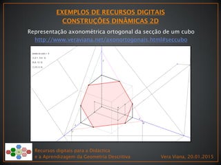 Recursos digitais para a Didáctica
e a Aprendizagem da Geometria Descritiva Vera Viana, 20.01.2015
Representação axonométrica ortogonal da secção de um cubo
http://www.veraviana.net/axonortogonais.html#seccubo
 