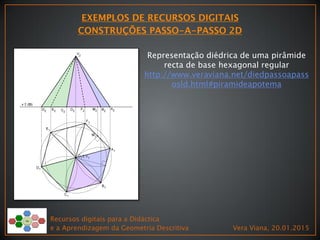 Recursos digitais para a Didáctica
e a Aprendizagem da Geometria Descritiva Vera Viana, 20.01.2015
Representação diédrica de uma pirâmide
recta de base hexagonal regular
http://www.veraviana.net/diedpassoapass
osld.html#piramideapotema
 