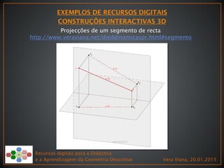 Recursos digitais para a Didáctica
e a Aprendizagem da Geometria Descritiva Vera Viana, 20.01.2015
Projecções de um segmento de recta
http://www.veraviana.net/dieddinamicaspr.html#segmento
 