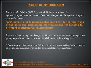 Richard M. Felder (2010, p.4), definiu os estilos de
aprendizagem como dimensões ou categorias da aprendizagem
que reflectem:
Estes estilos de aprendizagem não são necessariamente opostos
porque podem coexistir em paralelo em cada categoria.*
* Com a excepção, segundo Felder, das dimensões activa/reflexiva que
correspondem a personalidades extrovertidas/introvertidas.
Recursos digitais para a Didáctica
e a Aprendizagem da Geometria Descritiva Vera Viana, 20.01.2015
 