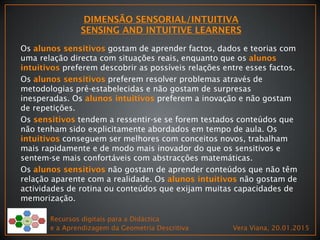 Os gostam de aprender factos, dados e teorias com
uma relação directa com situações reais, enquanto que os
preferem descobrir as possíveis relações entre esses factos.
Os preferem resolver problemas através de
metodologias pré-estabelecidas e não gostam de surpresas
inesperadas. Os preferem a inovação e não gostam
de repetições.
Os tendem a ressentir-se se forem testados conteúdos que
não tenham sido explicitamente abordados em tempo de aula. Os
conseguem ser melhores com conceitos novos, trabalham
mais rapidamente e de modo mais inovador do que os sensitivos e
sentem-se mais confortáveis com abstracções matemáticas.
Os não gostam de aprender conteúdos que não têm
relação aparente com a realidade. Os não gostam de
actividades de rotina ou conteúdos que exijam muitas capacidades de
memorização.
Recursos digitais para a Didáctica
e a Aprendizagem da Geometria Descritiva Vera Viana, 20.01.2015
 