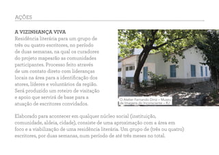O Atelier Fernando Diniz – Museu
de Imagens do Inconsciente – RJ
A VIZINHANÇA VIVA
Residência literária para um grupo de
três ou quatro escritores, no período
de duas semanas, na qual os curadores
do projeto mapearão as comunidades
participantes. Processo feito através
de um contato direto com lideranças
locais na área para a identificação dos
atores, líderes e voluntários da região.
Será produzido um roteiro de visitação
e apoio que servirá de base para a
atuação de escritores convidados.
AÇÕES
Elaborado para acontecer em qualquer núcleo social (instituição,
comunidade, aldeia, cidade), consiste de uma aproximação com a área em
foco e a viabilização de uma residência literária. Um grupo de (três ou quatro)
escritores, por duas semanas, num período de até três meses no total.
 